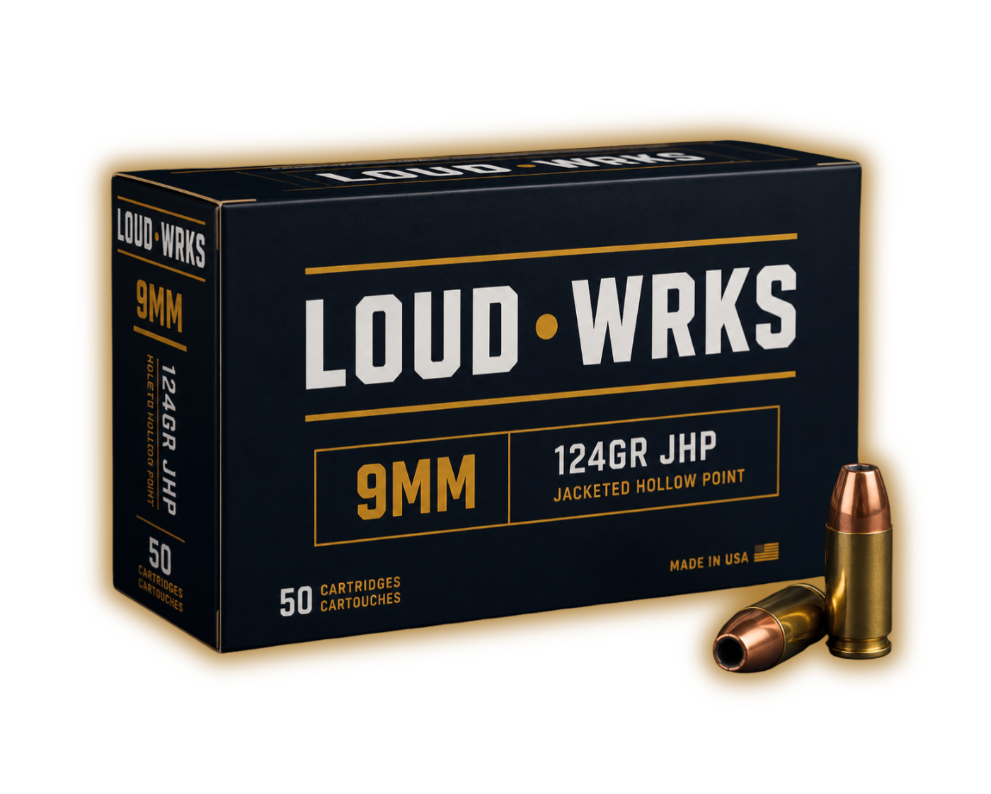 LoudWrks 9mm 124gr Jacketed Hollow Point — 50 cartridge box with paired projectiles